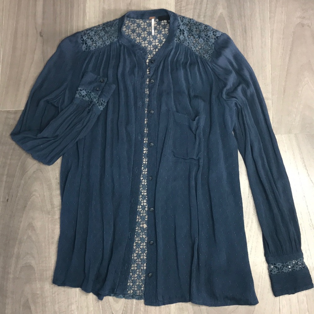 Free People Pretty Navy Blue Top w/ Crochet Panels